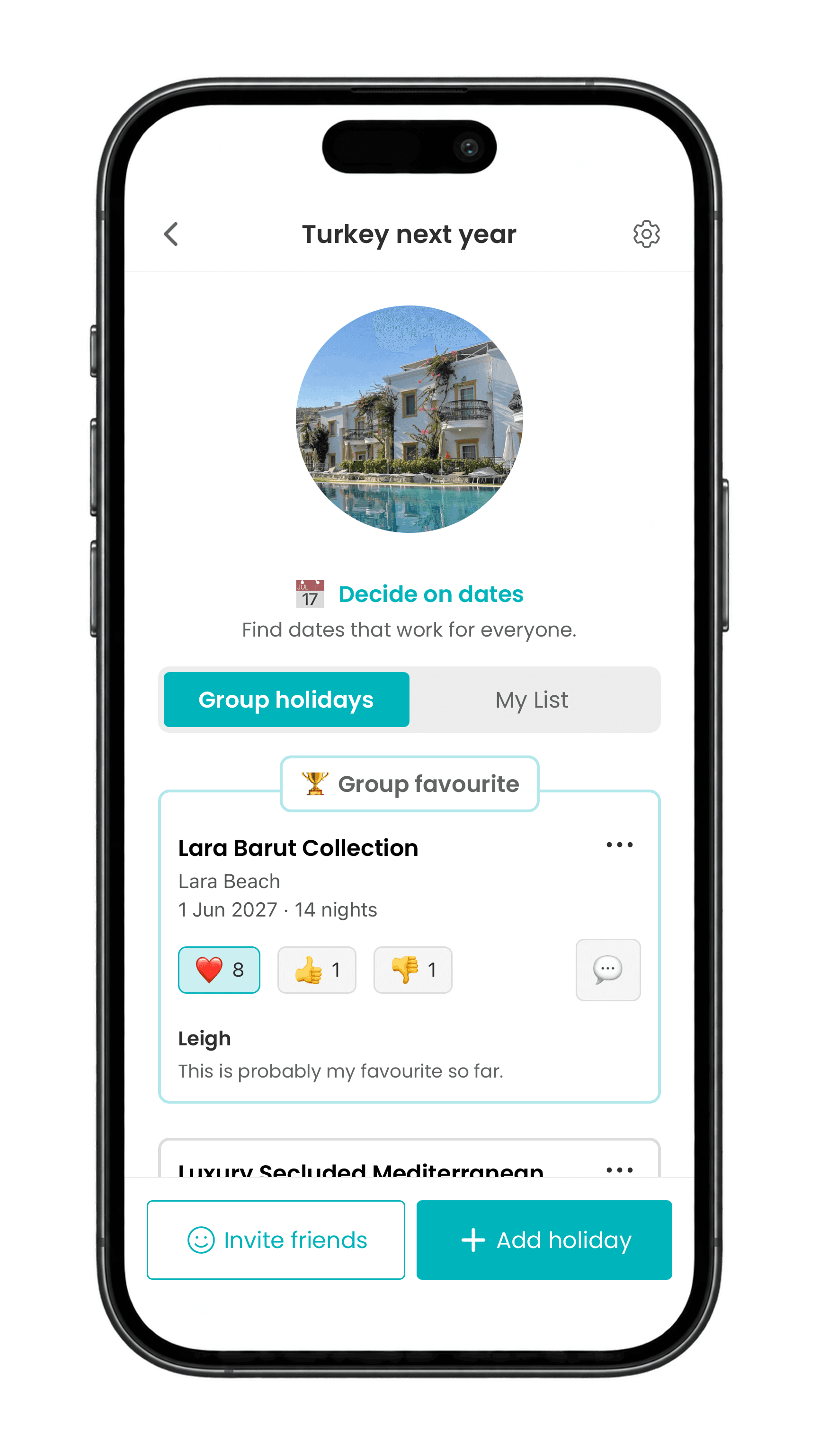 Holiboss app showing group voting on favourite holidays