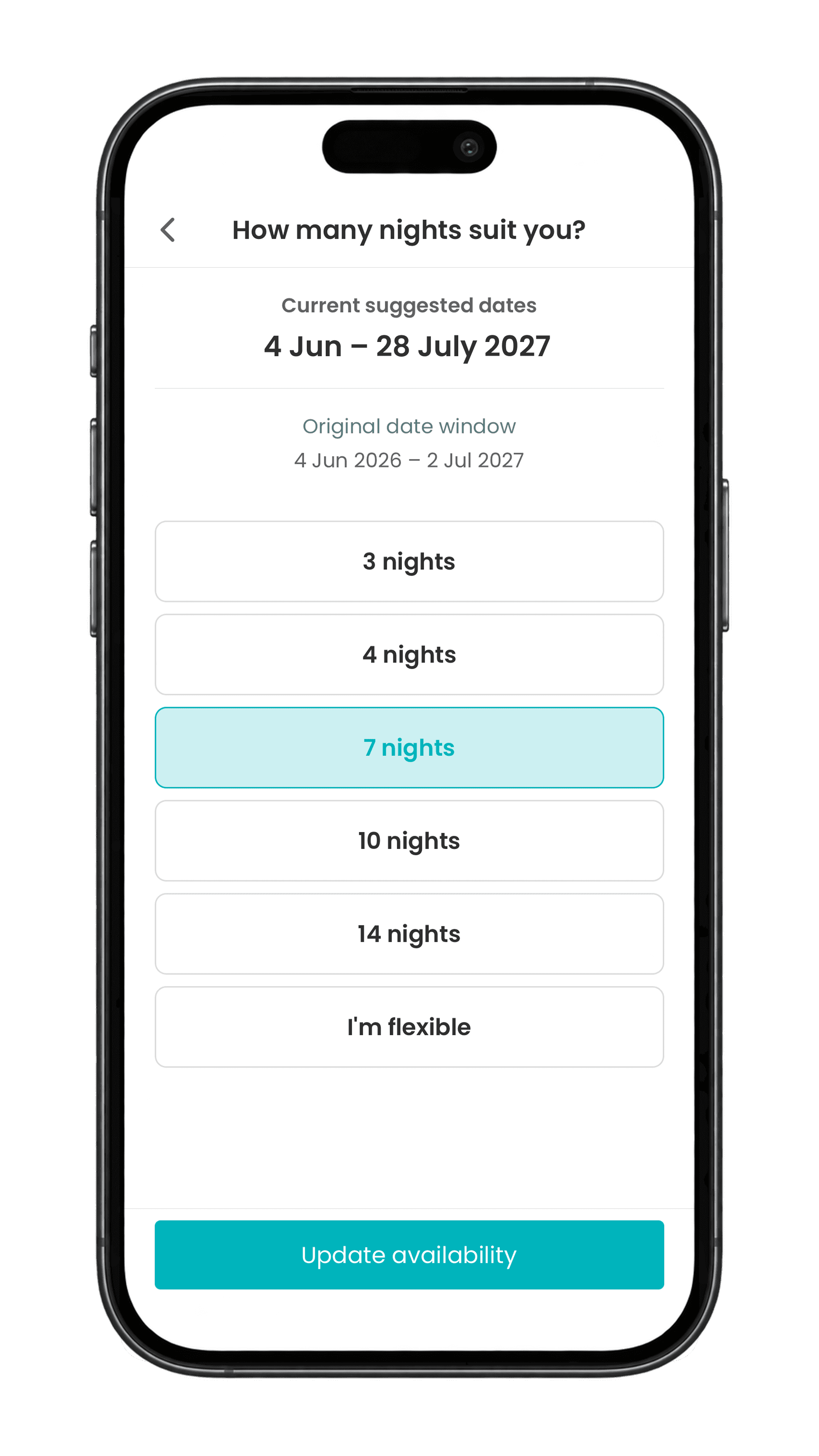 Holiboss app showing date availability for the group